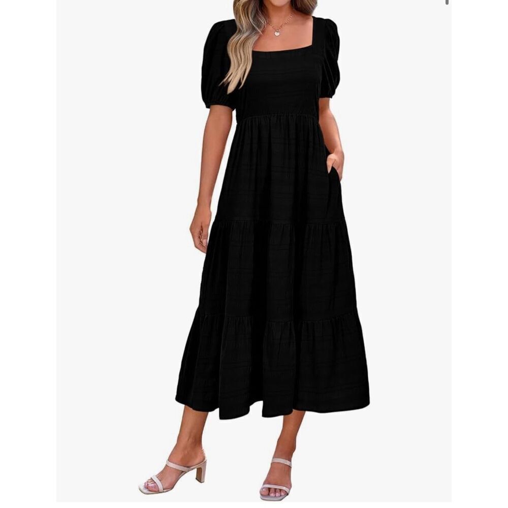 NEW Puff Sleeve Square Neck High Waist Smocked Flowy Midi Dress S